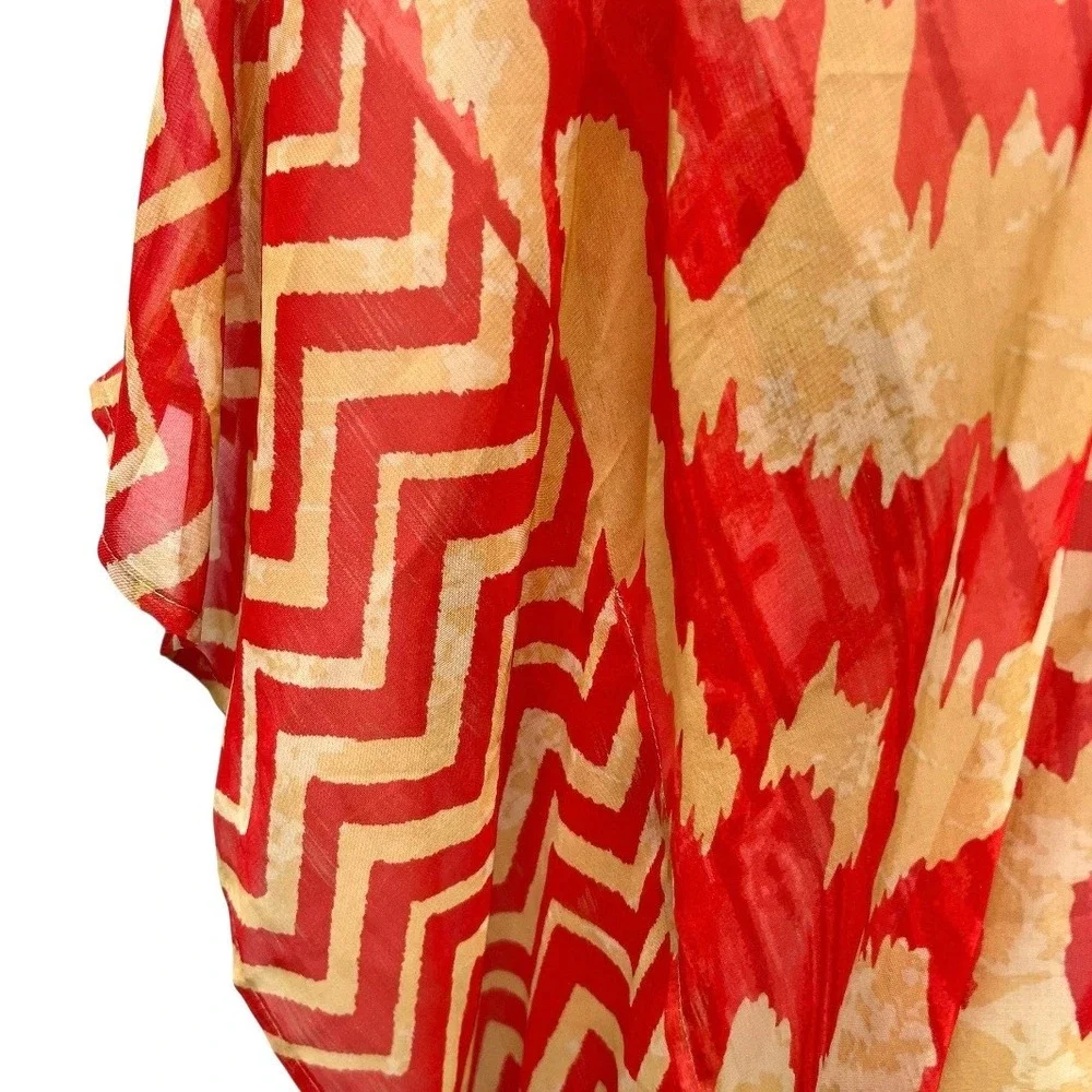 Chicos Red Abstract Animal Print Sheer Kaftan Swim Cover Up Boho Resortwear S/M